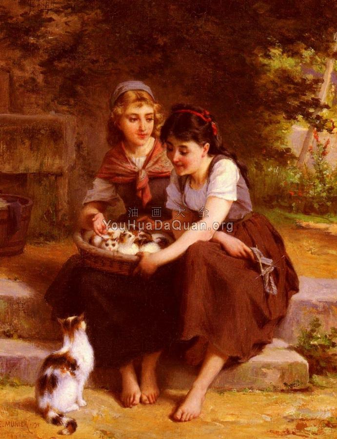 Deux Filles Avec Un Panier De Chatons - 埃米尔·穆尼尔